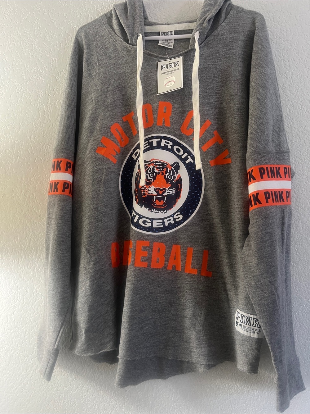 PINK Victoria's Secret Gray Hoodie with Orange and Navy Detroit Tigers Logo